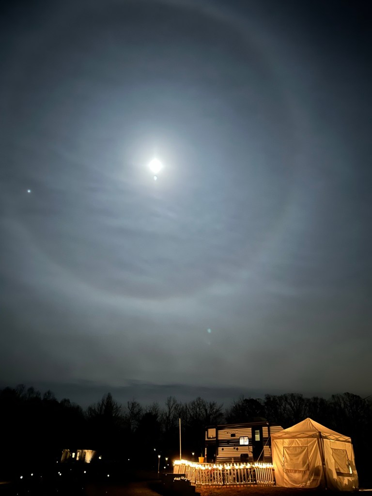 Lunar halo at campsite at R and R RV Campground in Dunlap, Tennessee. Picture by Happy Vegan Campers.