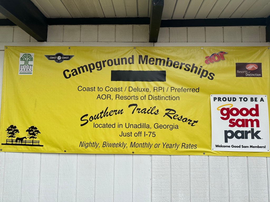 Accepted camping memberships at Southern Trails RV Resort in Unadilla, Georgia. Picture by Happy Vegan Campers.