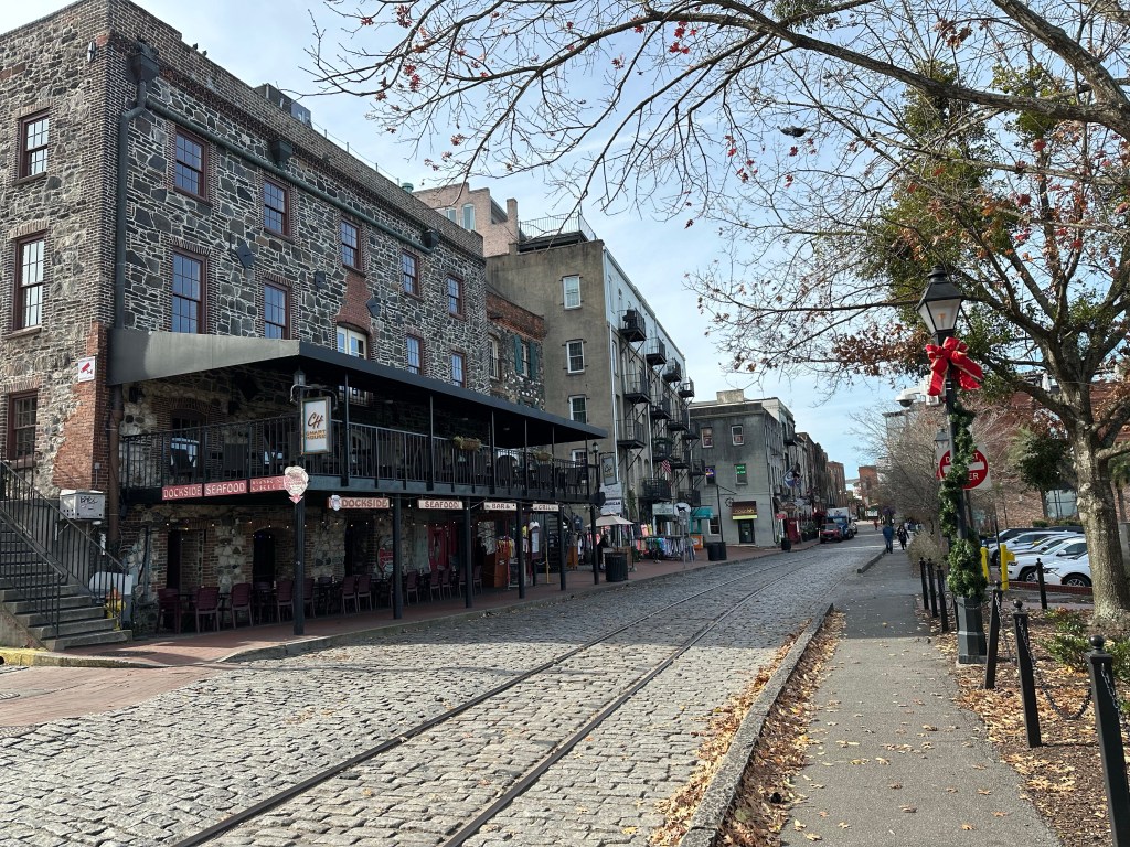 River Street Boardwalk in Savannah, Georgia. Picture by Happy Vegan Campers.