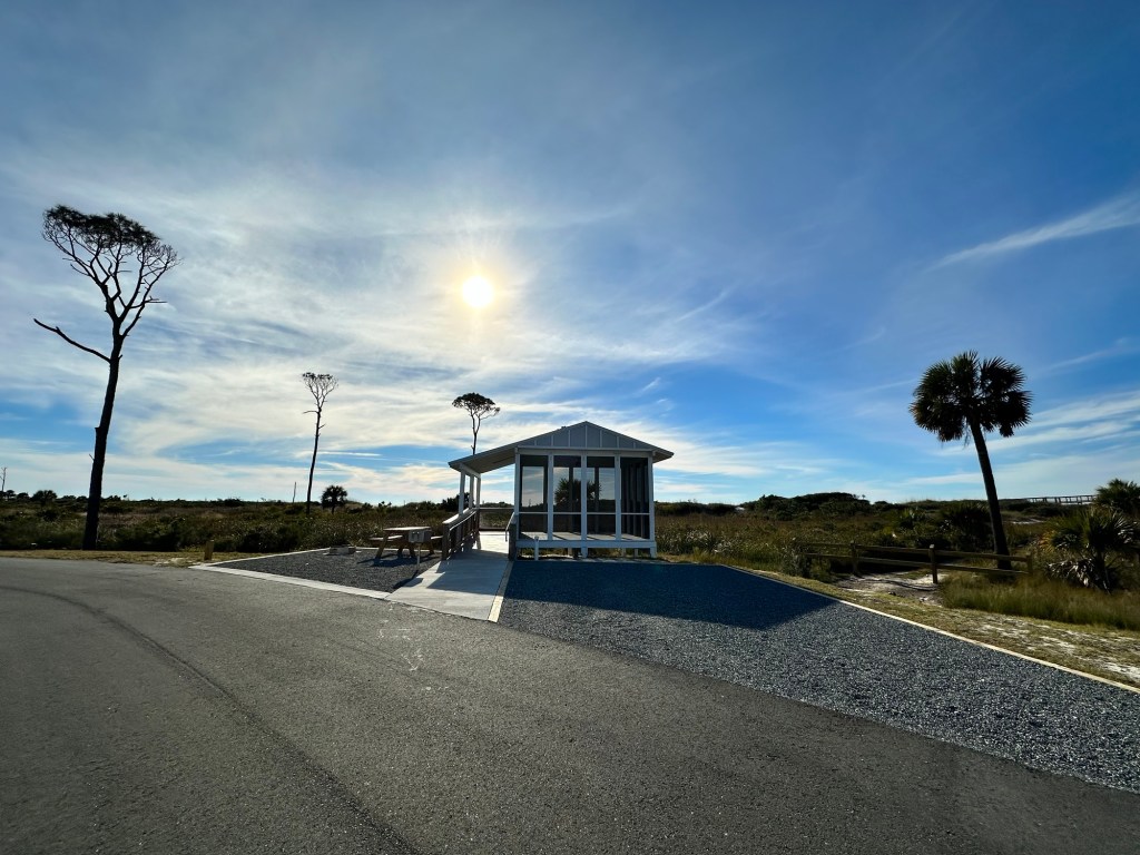 Tent platform at T.H. Memorial St. Joseph Peninsula State Park in Port St. Joe, Florida. Picture by Happy Vegan Campers.