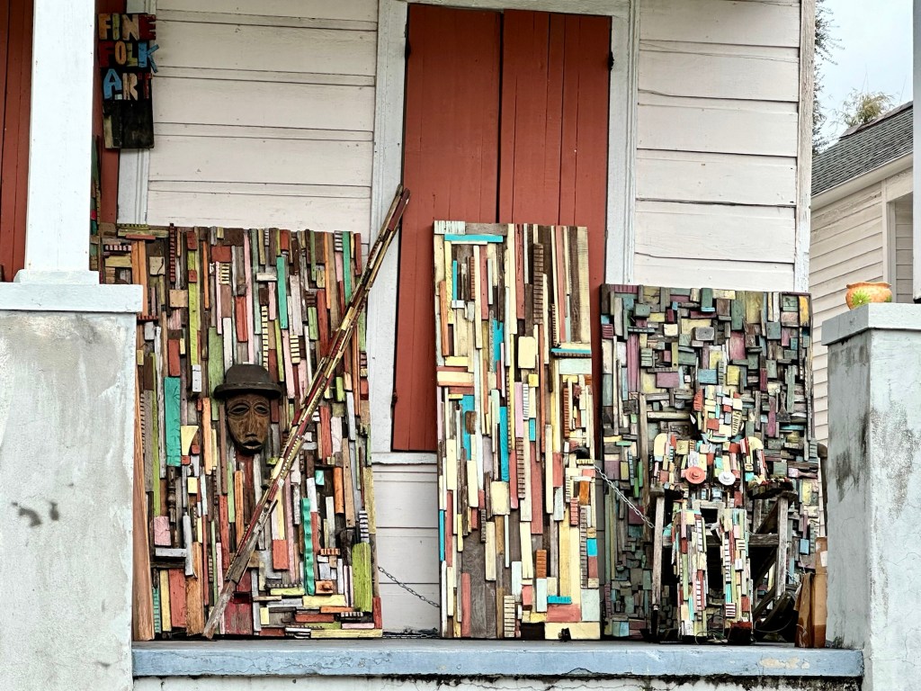 Wooden quilt folk art by Jean-Marcel St. Jacques in New Orleans, Louisiana. Picture by Happy Vegan Campers.