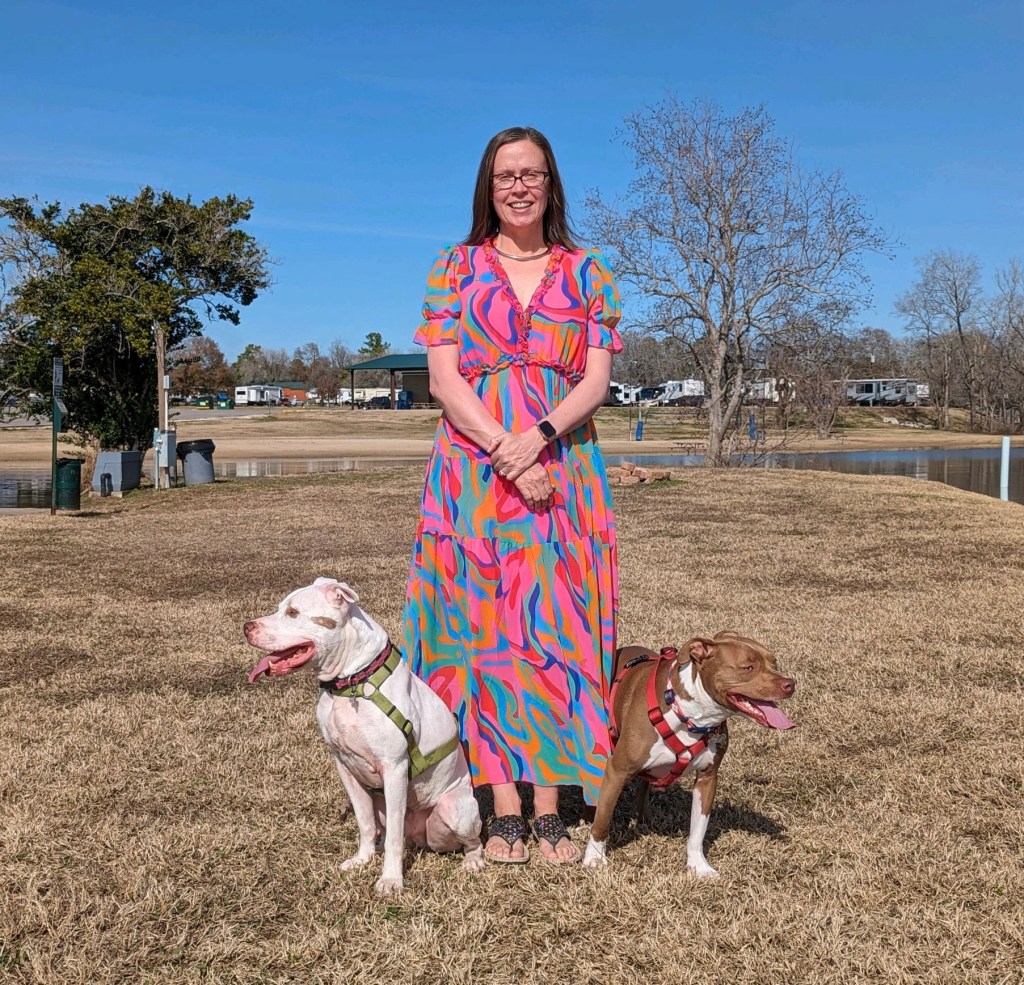 Kristin, Peter, and Marcel at “dog island” at Lake Conroe Lake RV & Camping Resort in Willis, Texas. Picture by Happy Vegan Campers.