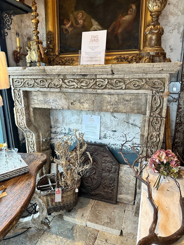 Happy Vegan Campers 17th century Italian limestone fireplace in Boerne Texas