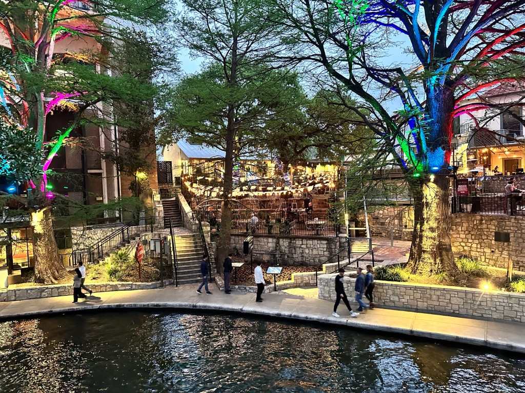 Happy Vegan Campers San Antonio Riverwalk at night in Texas