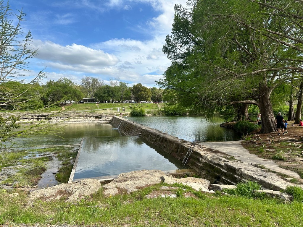 Happy Vegan Campers dam at Blanco State Park in Blanco Texas