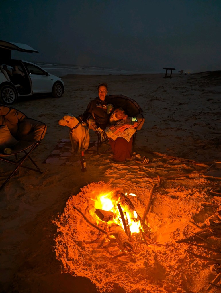 Campfire on beach at Mustang Island State Park in Corpus Christi, Texas. Picture by Happy Vegan Campers.