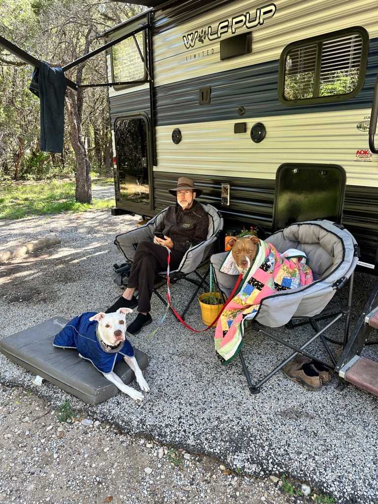 Happy Vegan Campers dogs keeping warn at Dinosaur Valley State Park in Glen Rose Texas