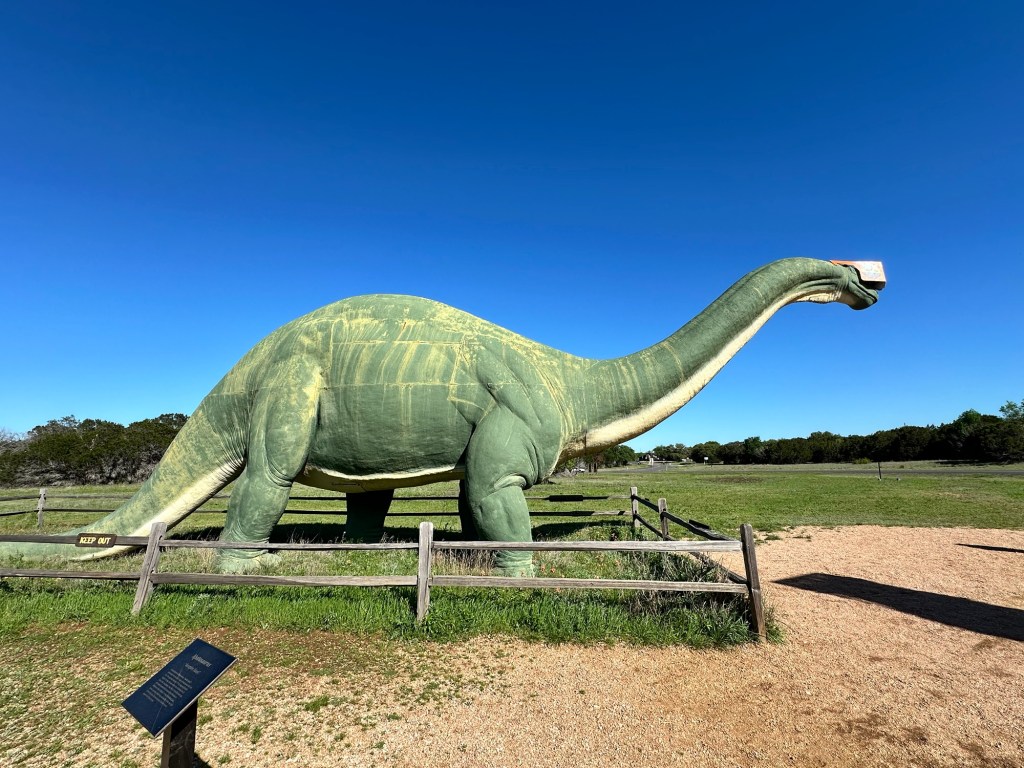 Happy Vegan Campers dinosaur statues from 1964-1965 World’s Fair at Dinosaur Valley State Park Glen Rose Texas