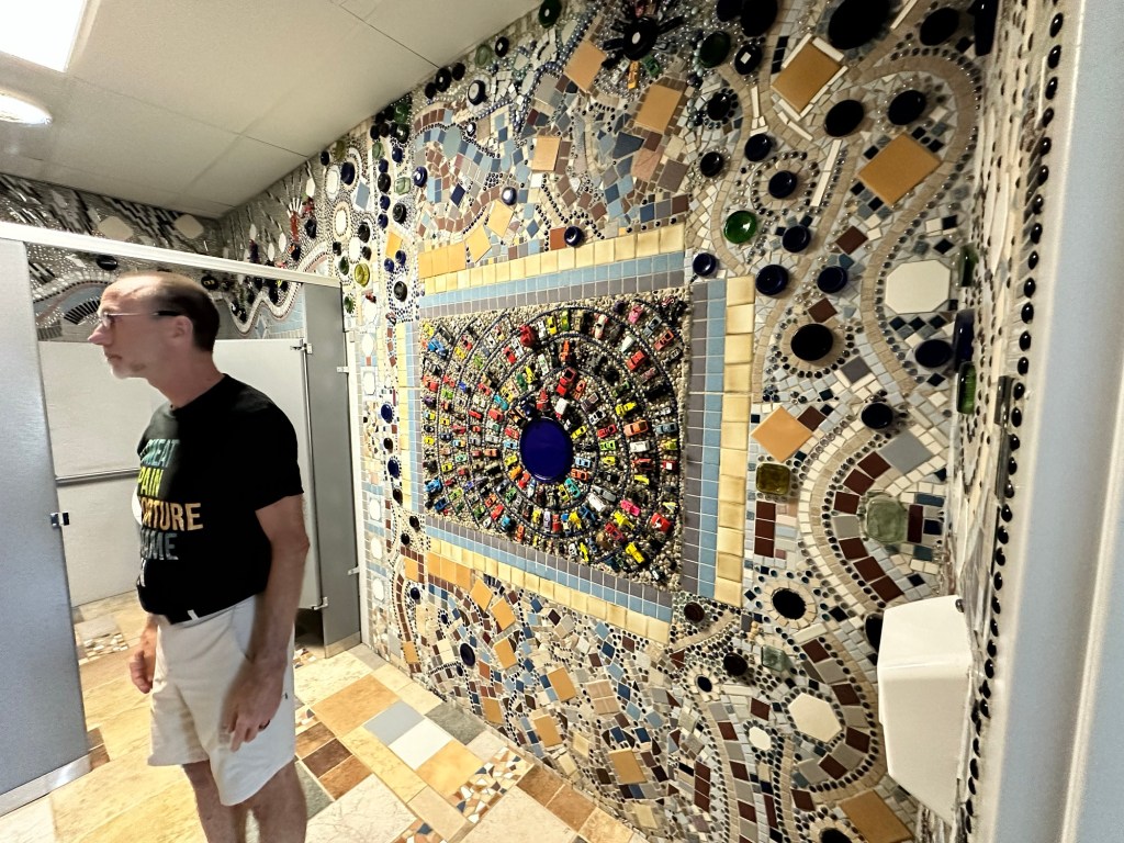 Happy Vegan Campers giant toilet restroom in Lucas Kansas