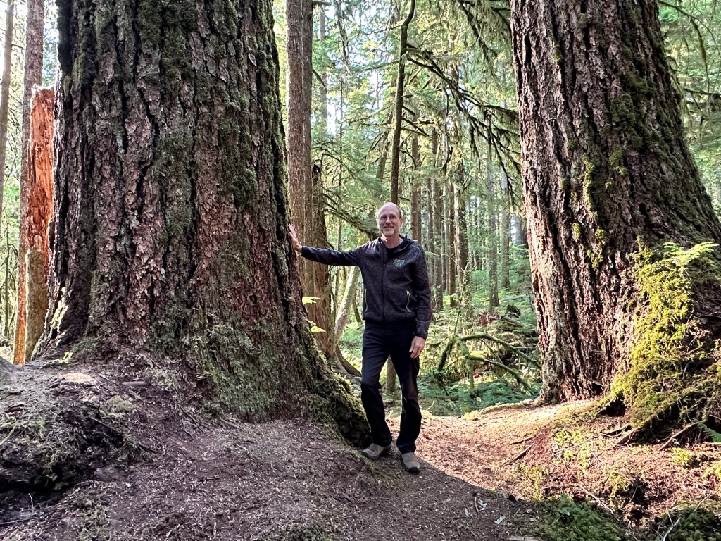 Daniel with a large tree in Ancient Groves Nature Trail in Olympic National Park, Washington by Happy Vegan Campers