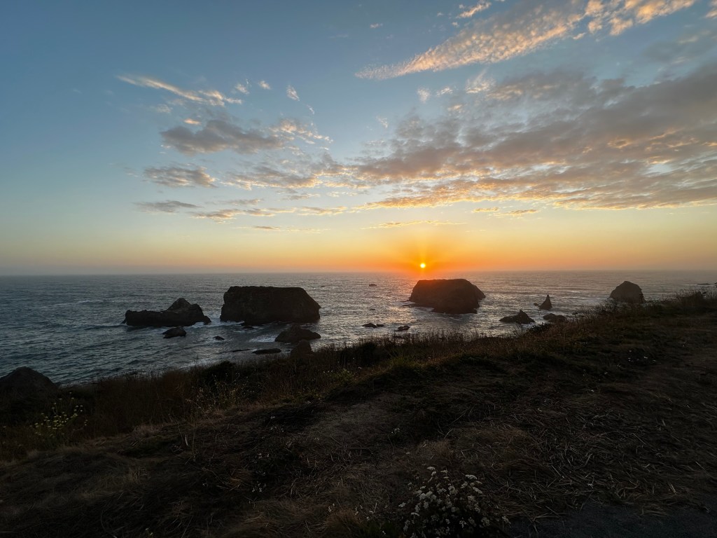 Sunset view at boondocking spot near Fort Bragg, California by Happy Vegan Campers