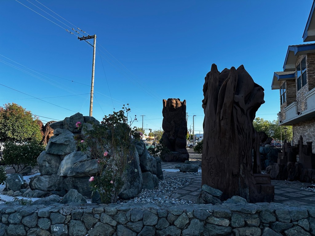 Wood carvings at Motel 6 in Ukiah, California by Happy Vegan Campers