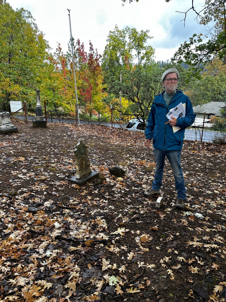 Keith Atwater giving tour of cemetery in Placerville, California by Happy Vegan Campers