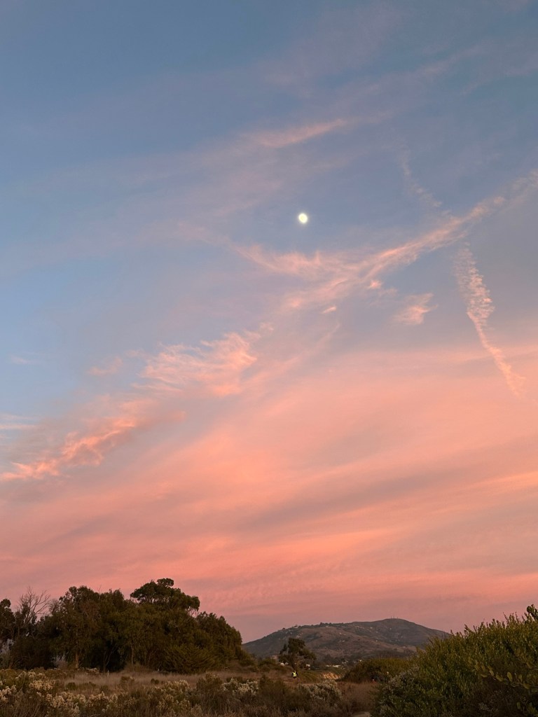 Moon and sunset colors at Carpinteria State Beach in Carpinteria, California. Picture by Happy Vegan Campers.