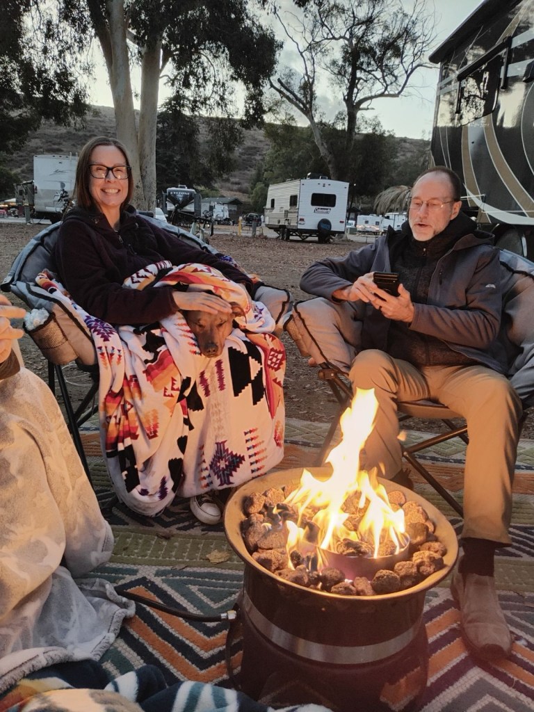 Daniel, Kristin, and Dexter at a campsite in Jamul, California. Picture by Happy Vegan Campers.