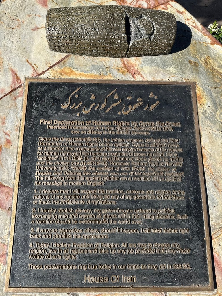 Declaration of Human Rights written in 538 BC at Balboa Park in San Diego, California. Picture by Happy Vegan Campers.