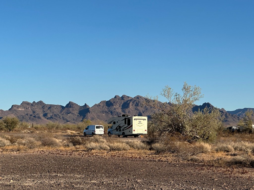 Campers on BLM land in Quartzsite, Arizona. Picture by Happy Vegan Campers.