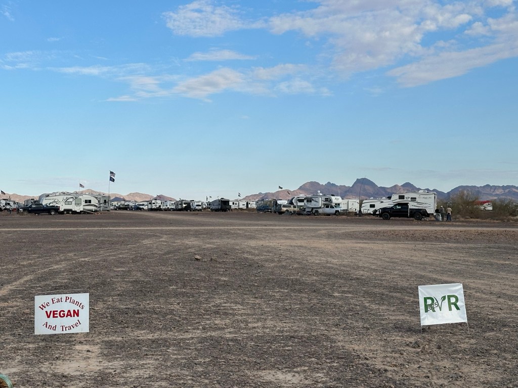 Rolling Vegan Rendezvous on BLM land in Quartzsite, Arizona. Picture by Happy Vegan Campers.