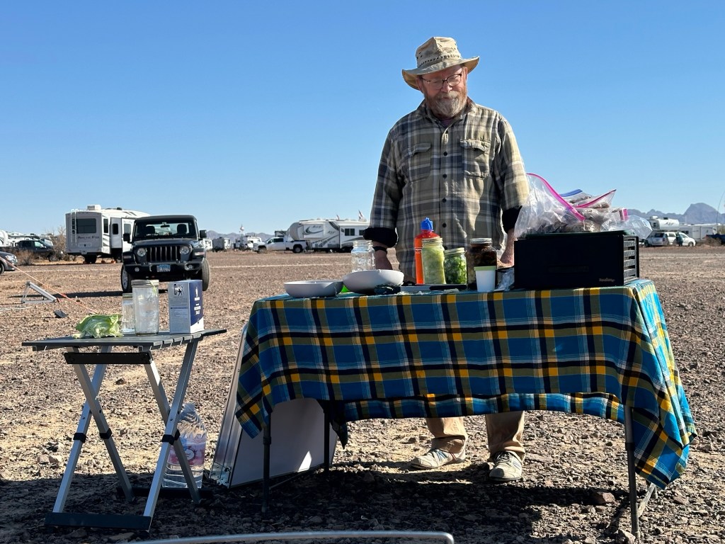 Roy McLean instructs on fermenting food in Quartzsite, Arizona. Picture by Happy Vegan Campers.