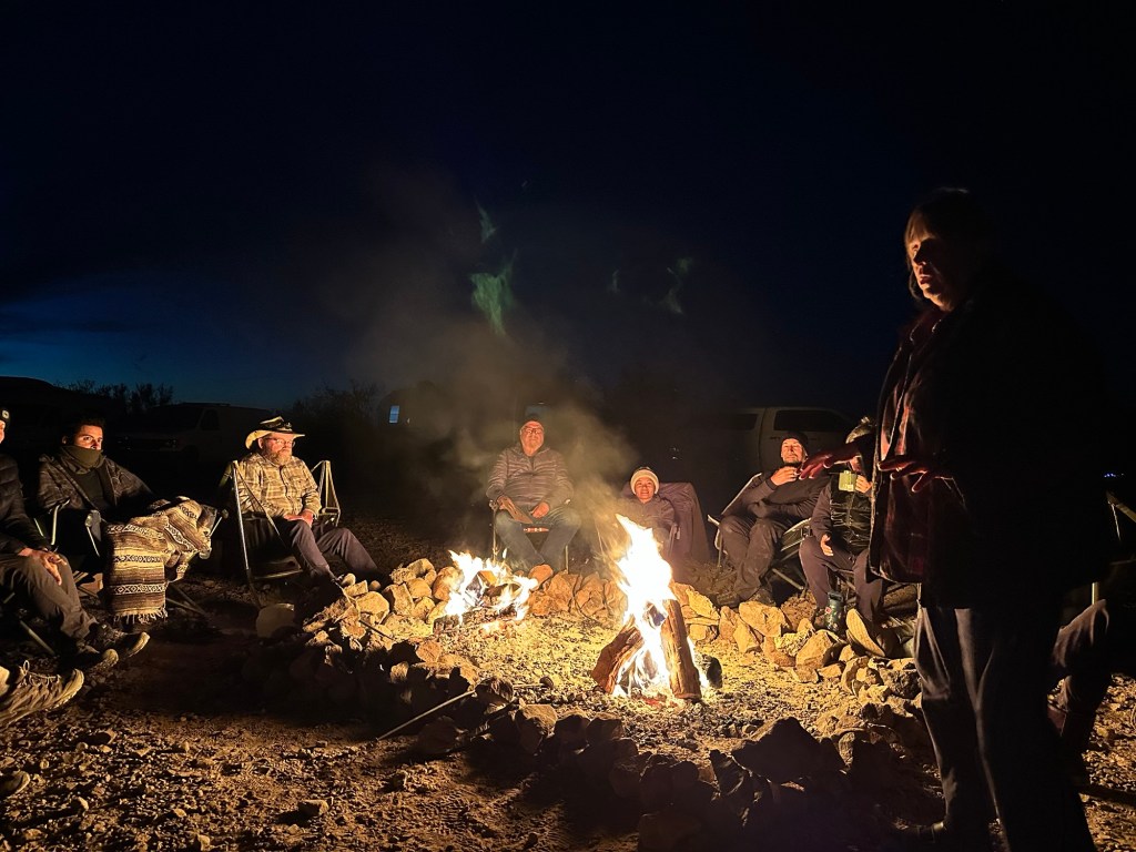 Campfire at Rolling Vegan Rendezvous in Quartzsite, Arizona. Picture by Happy VeganCampers.
