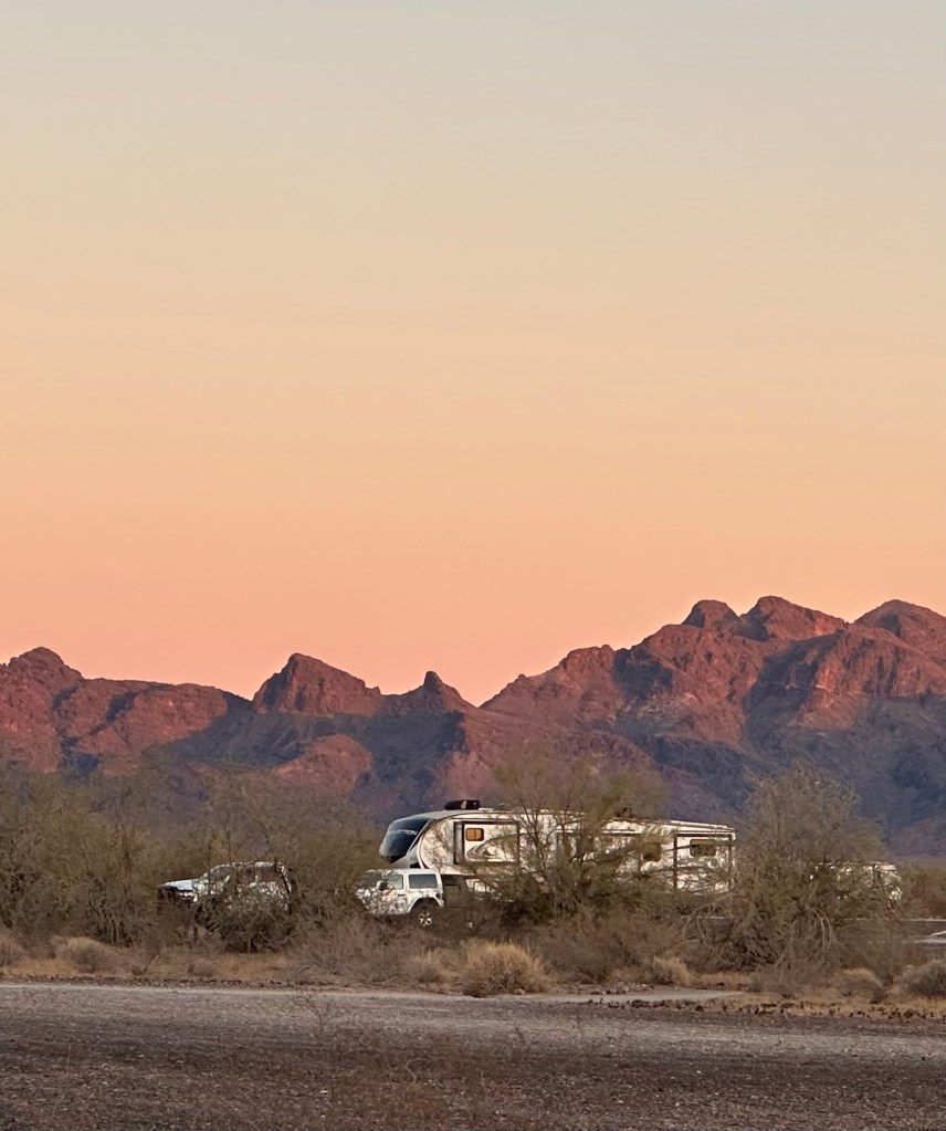 Sunset at Rolling Vegan Rendezvous in Quartzsite, Arizona. Picture by Happy Vegan Campers.