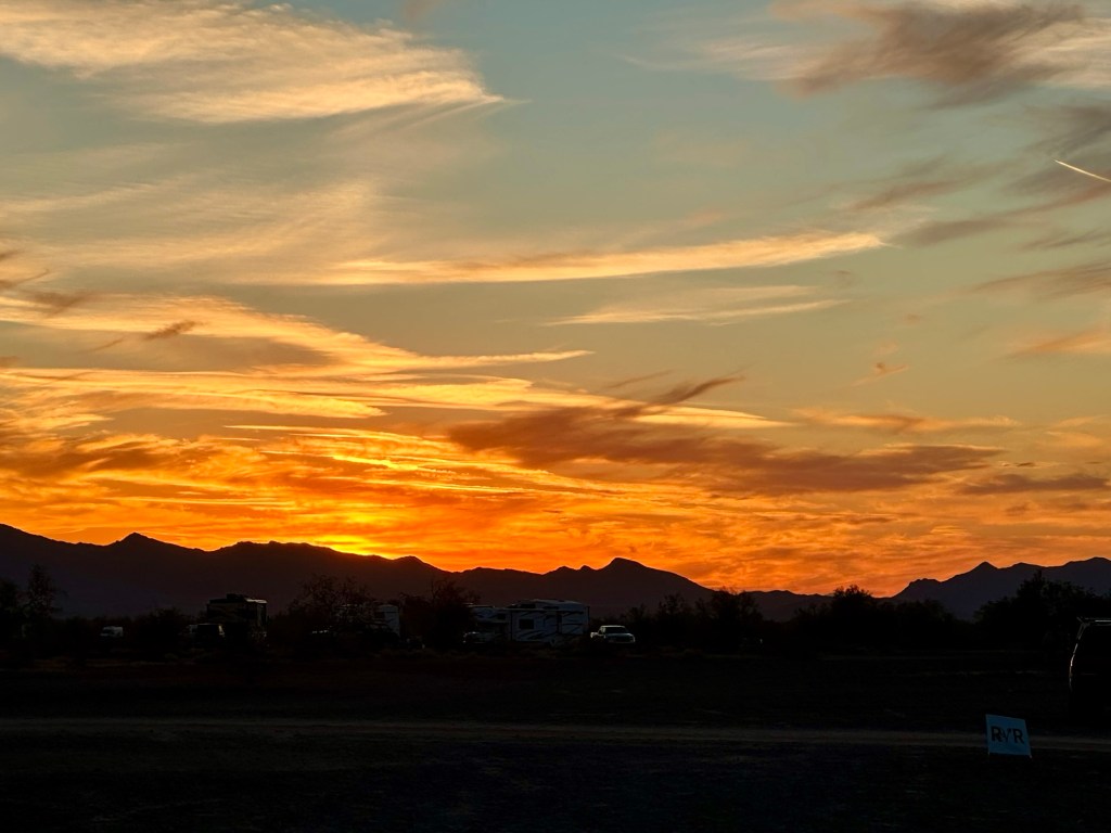 Sunset at Rolling Vegan Rendezvous in Quartzsite, Arizona. Picture by Happy Vegan Campers.