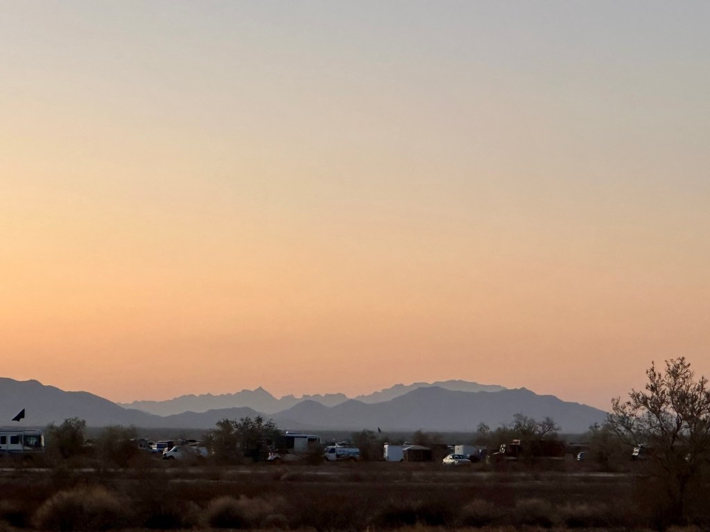 Sunrise on BLM land in Quartzsite, Arizona. Picture by Happy Vegan Campers.