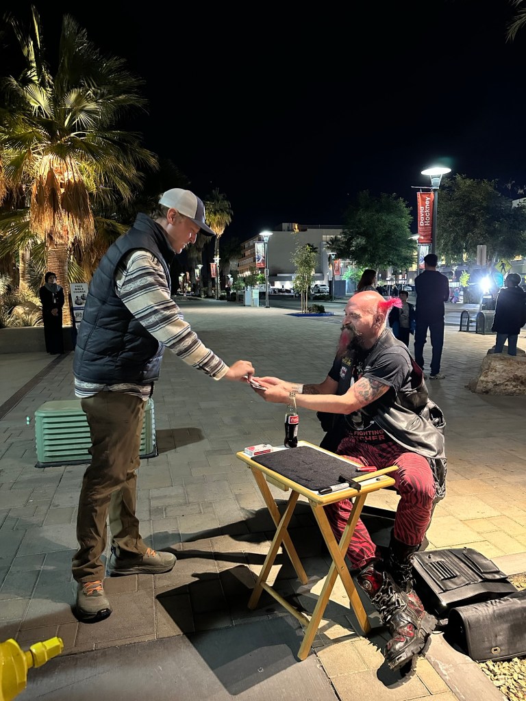 Street performer in Palm Springs, California. Picture by Happy Vegan Campers.