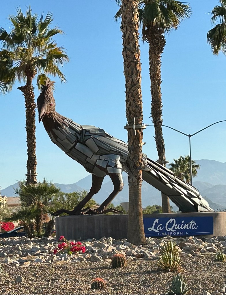 Roadrunner statue at La Quinta, California. Picture by Happy Vegan Campers.