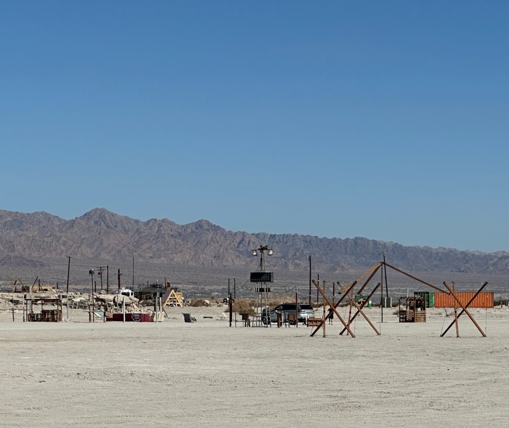 Art on beach in Bombay Beach, California. Picture by Happy Vegan Campers.