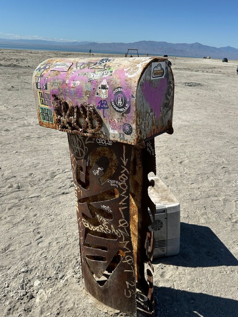 Art on beach in Bombay Beach, California. Picture by Happy Vegan Campers.