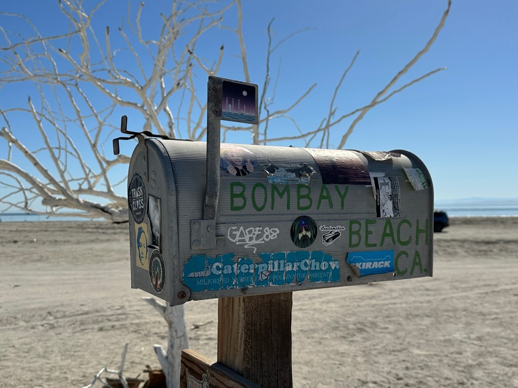 Art on beach in Bombay Beach, California. Picture by Happy Vegan Campers.