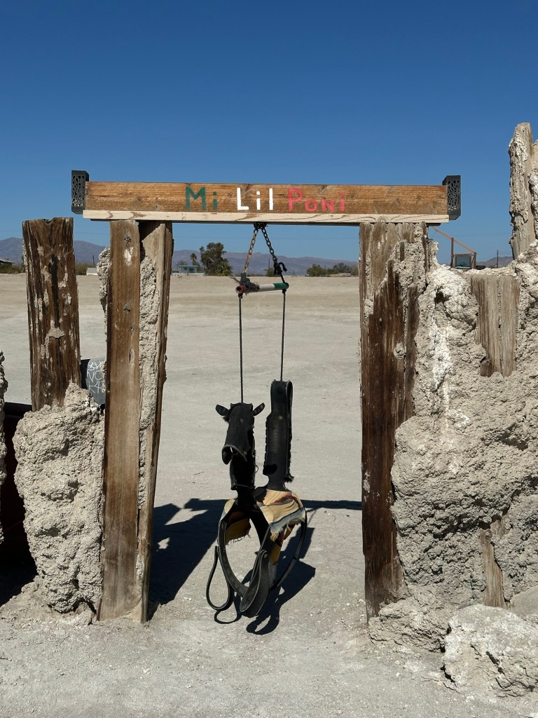 Art on beach in Bombay Beach, California. Picture by Happy Vegan Campers.