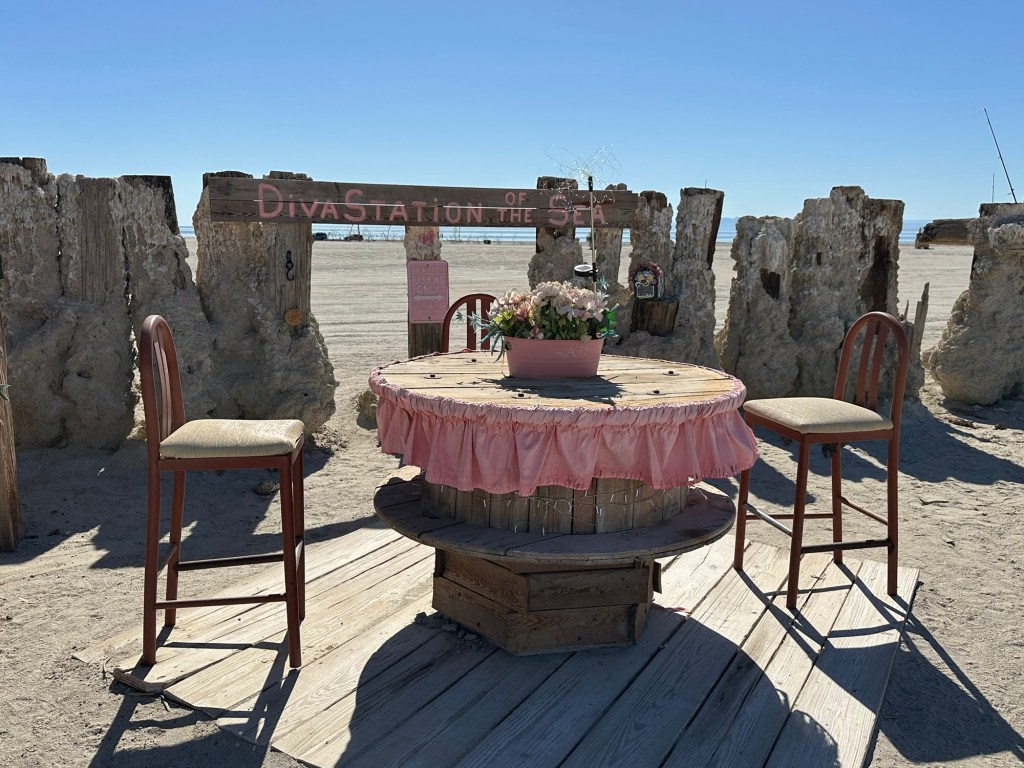 Art on beach in Bombay Beach, California. Picture by Happy Vegan Campers.