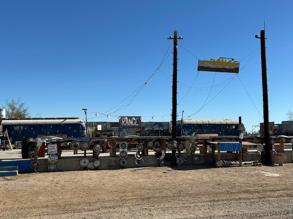 The Range, a gathering place, in Slab City, California. Picture by Happy Vegan Campers.
