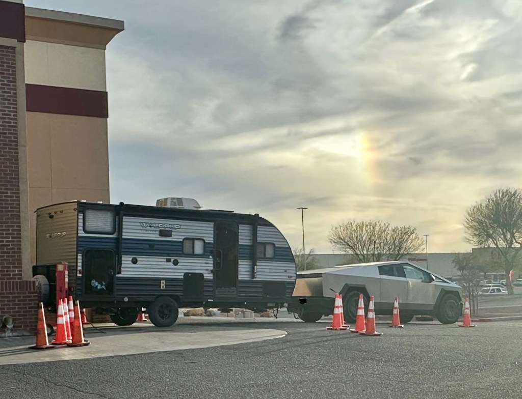 Cybertruck and camper at Discount tire in Fort Mohave, Arizona. Picture by Happy Vegan Campers.