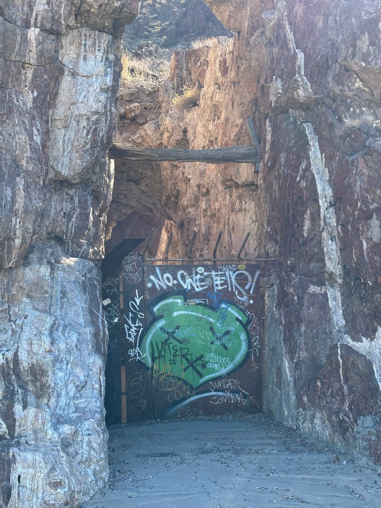 Mine opening off Route 66 northeast of Oatman, Arizona. Picture by Happy Vegan Campers.