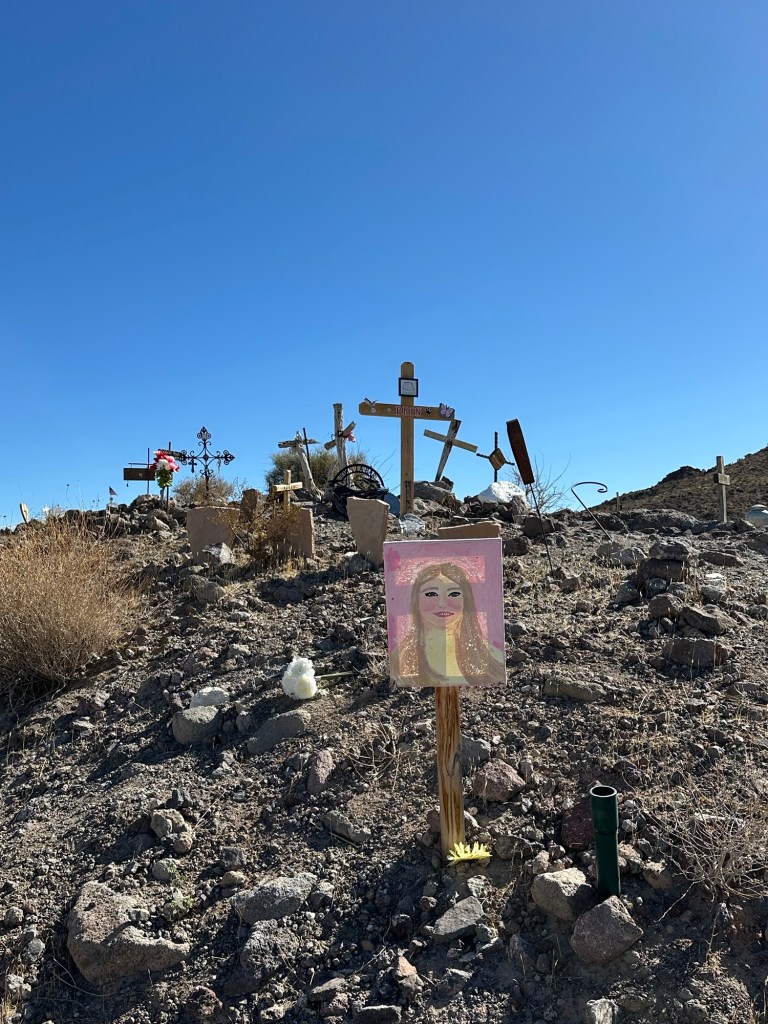 Memorial spot on Route 66 northeast of Oatman, Arizona. Picture by Happy Vegan Campers.