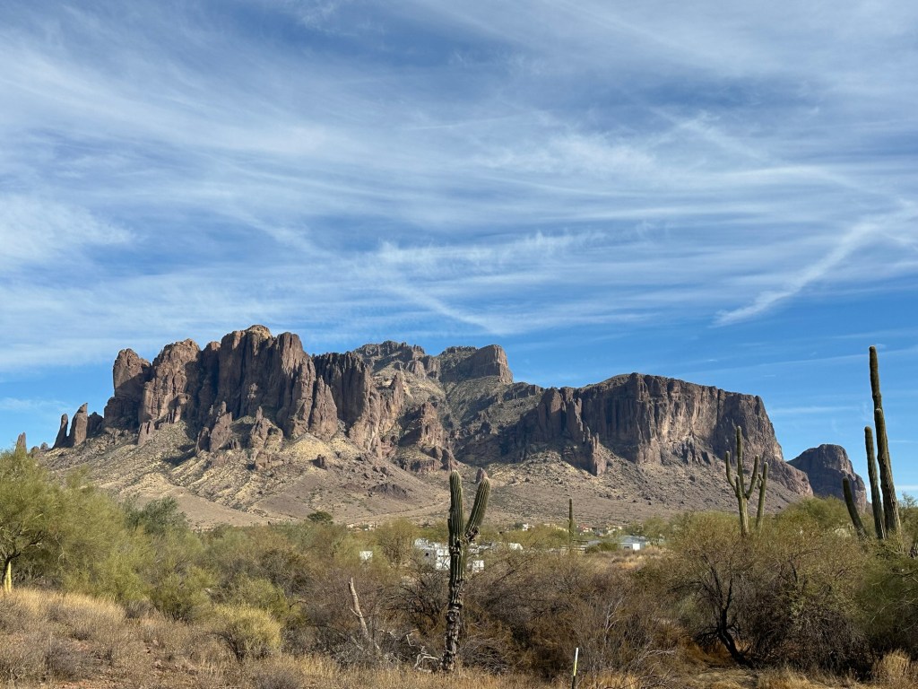 Superstition Mountains in Apache Junction, Arizona. Picture by Happy Vegan Campers.