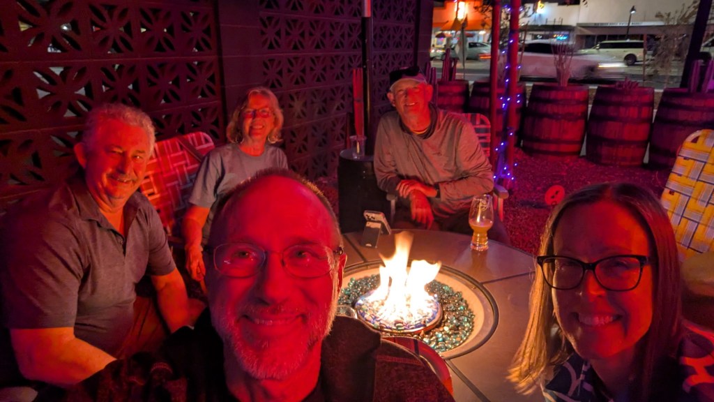 Daniel, Kristin, Chris, Debbie, and Mike at Pedal Haus Biergarten in Mesa, Arizona. Picture by Happy Vegan Campers.