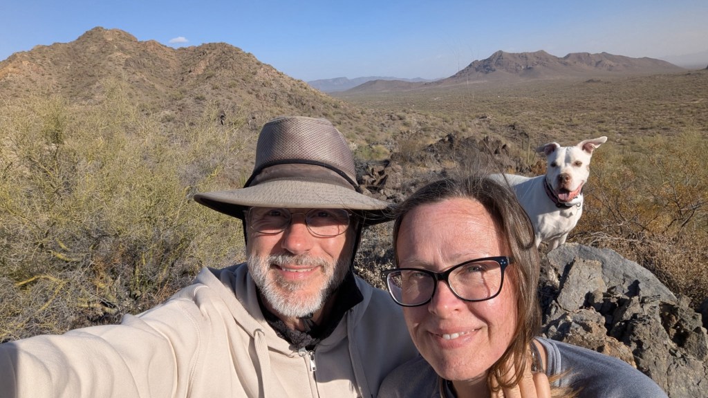 Daniel, Kristin, and Peter in the desert in Ajo, Arizona. Picture by Happy Vegan Campers.