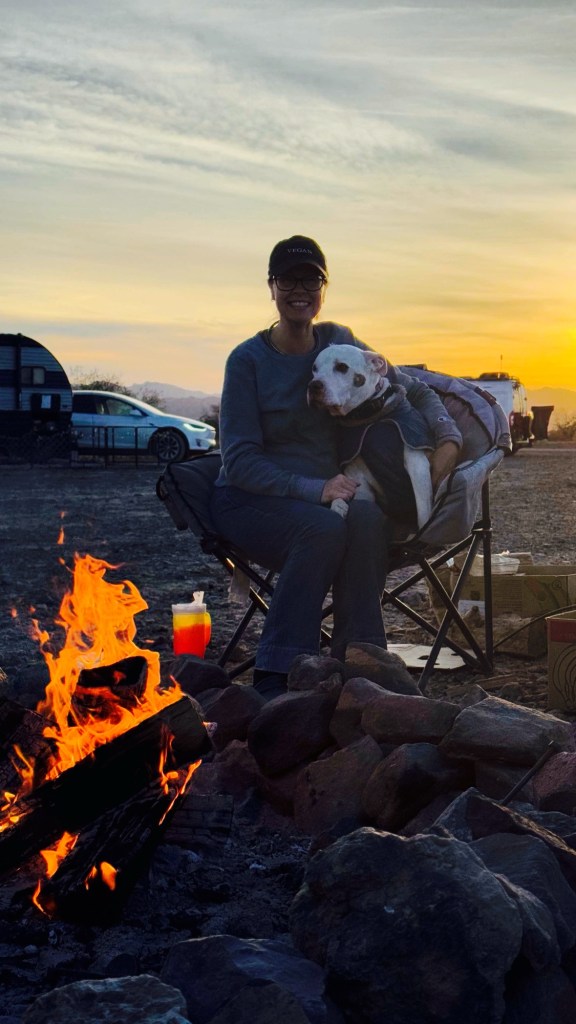 Kristin and Peter at a potluck at Rolling Vegan Rendezvous in Quartzsite, Arizona. Picture by Happy Vegan Campers