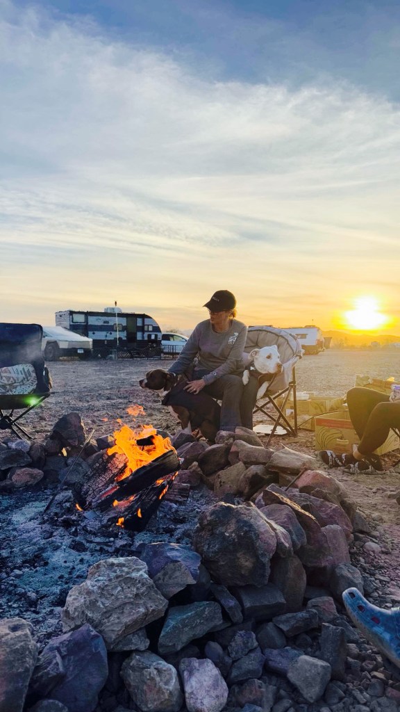 Kristin, Peter, and Marcel at a potluck at Rolling Vegan Rendezvous in Quartzsite, Arizona. Picture by Happy Vegan Campers
