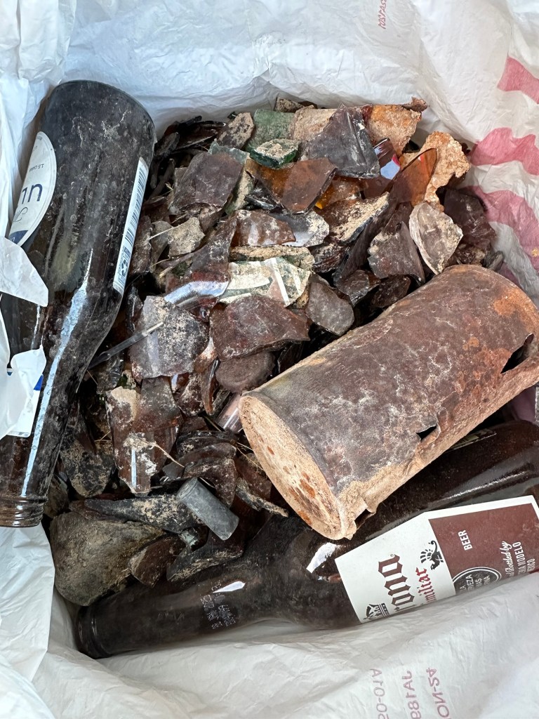 Broken glass and garbage picked up in the desert in Ajo, Arizona. Picture by Happy Vegan Campers.