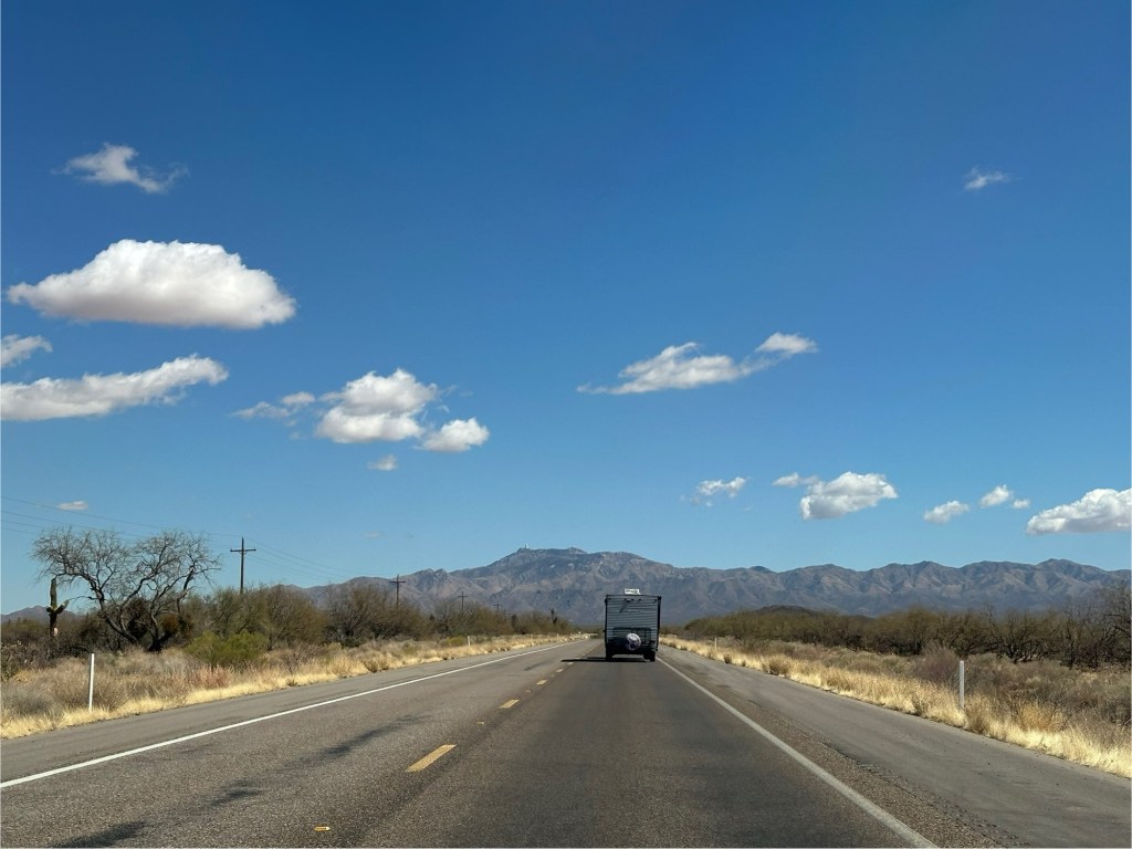Camper on road in Arizona. Picture by Happy Vegan Campers.