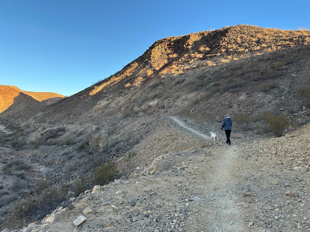 Daniel and Peter walking on a trail at Prehistoric Trackways National Monument in Las Cruces, New Mexico. Picture by Happy Vegan Campers.