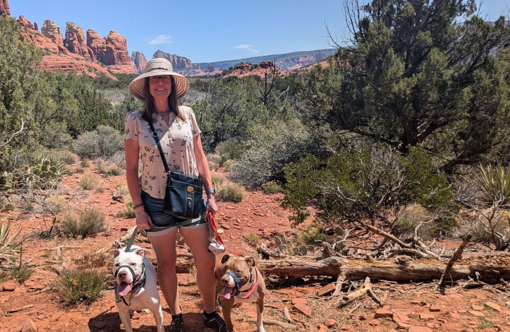 Kristin, Peter, and Marcel on Thunder Mountain Trail in Sedona, Arizona. Picture by Happy Vegan Campers.