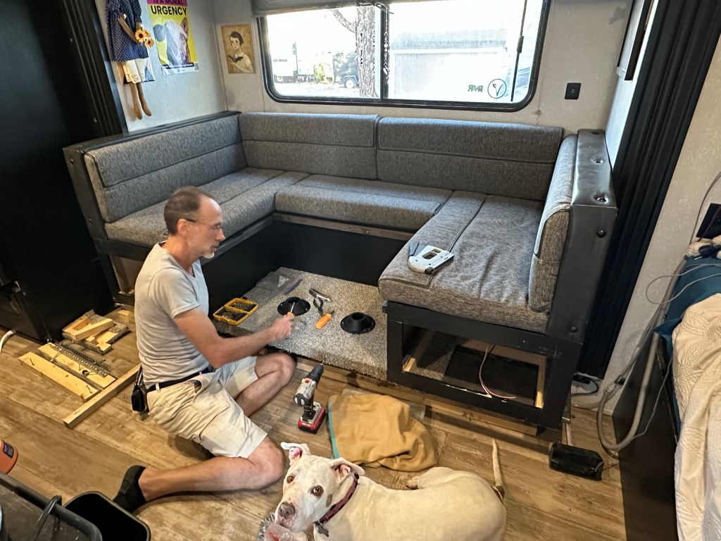 New floor in camper slide out. Picture by Happy Vegan Campers.