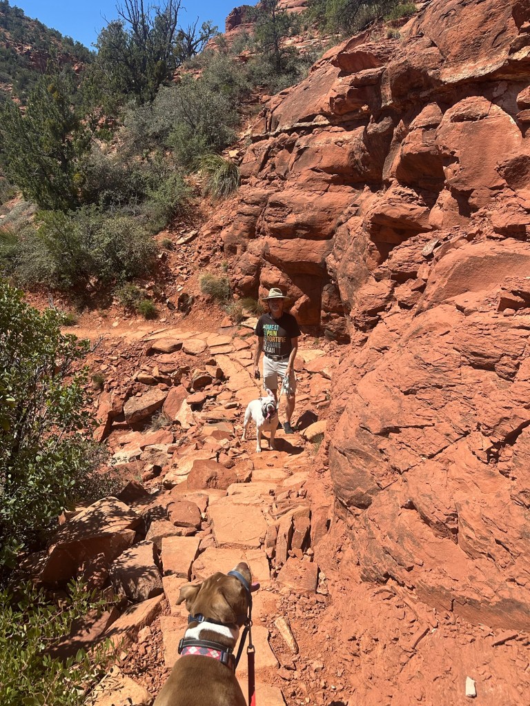 Daniel, Peter, and Marcel on Thunder Mountain Trail in Sedona, Arizona. Picture by Happy Vegan Campers.