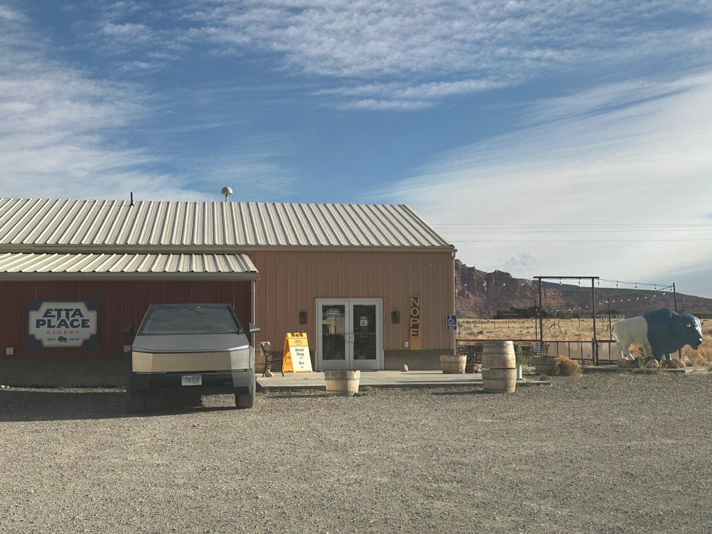 Cybertruck charging at Etta Place Cidery and Taproom in Torrey, Utah. Picture by Happy Vegan Campers.